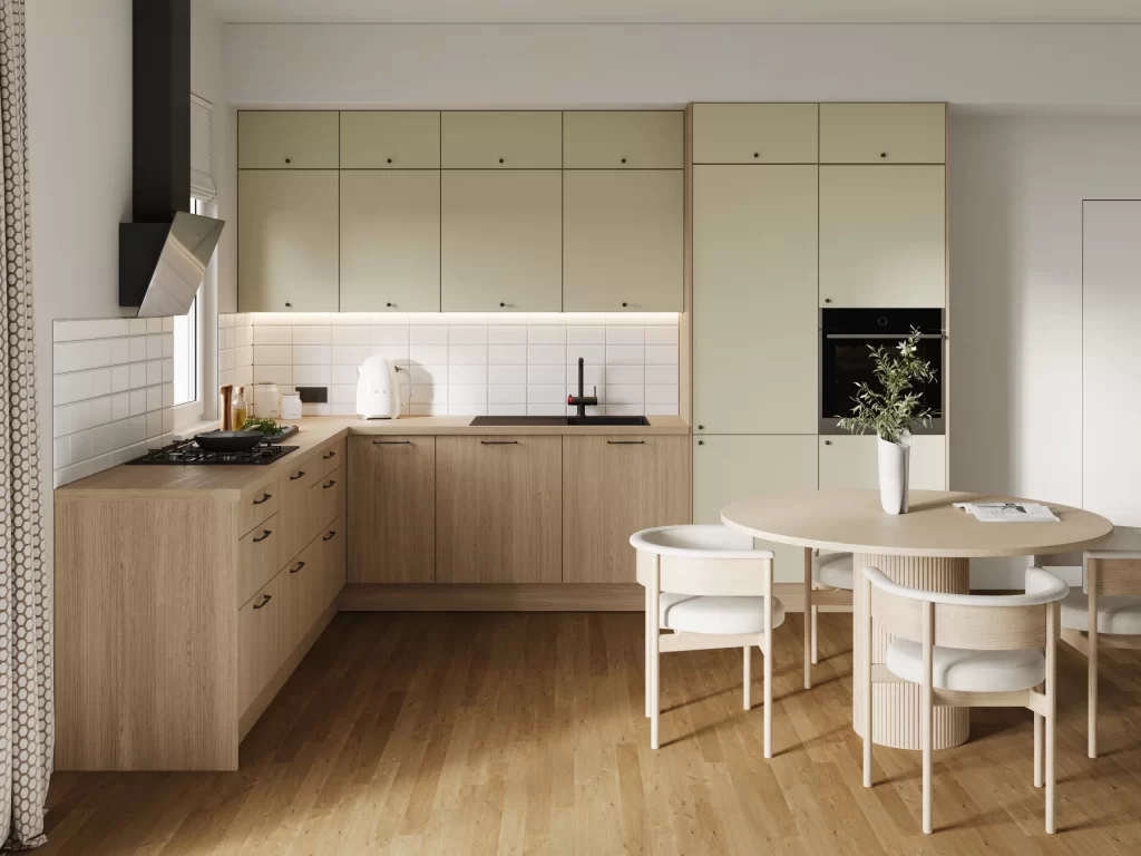 Meble Kam – Kammono F6 – kuchnie na wymiar, układ narożny, jasne fronty i dekor drewna