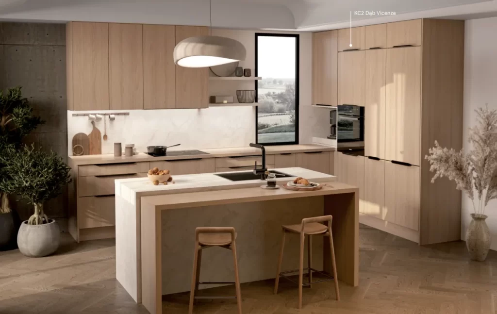 Meble kuchenne - kuchnia nowoczesna Kam z frontem drewnopodobnym.