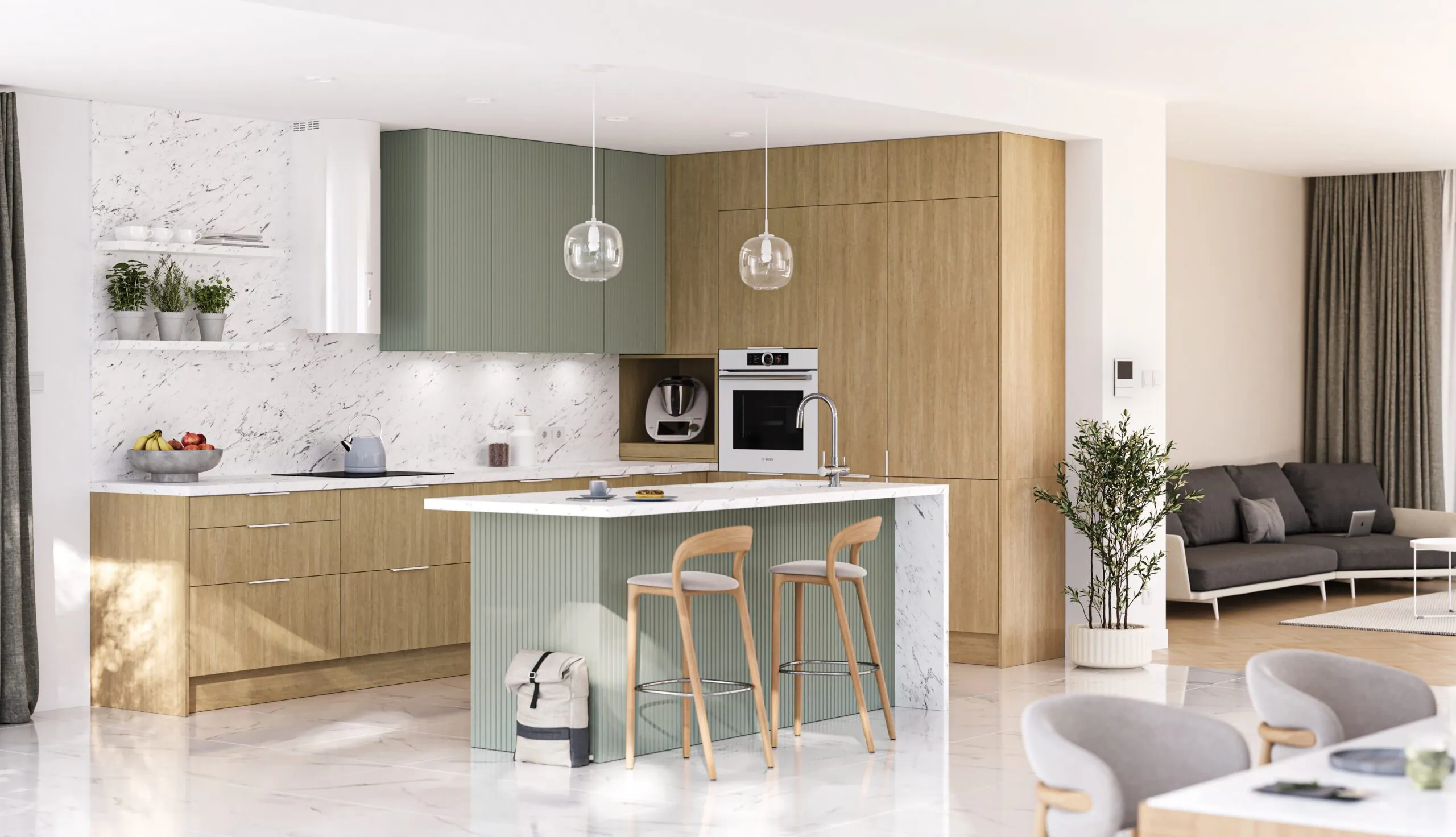 Kuchnie zielone Kam front F11 z ryflowanymi frontami kuchennymi i drewnopodobnym blatem kuchennym