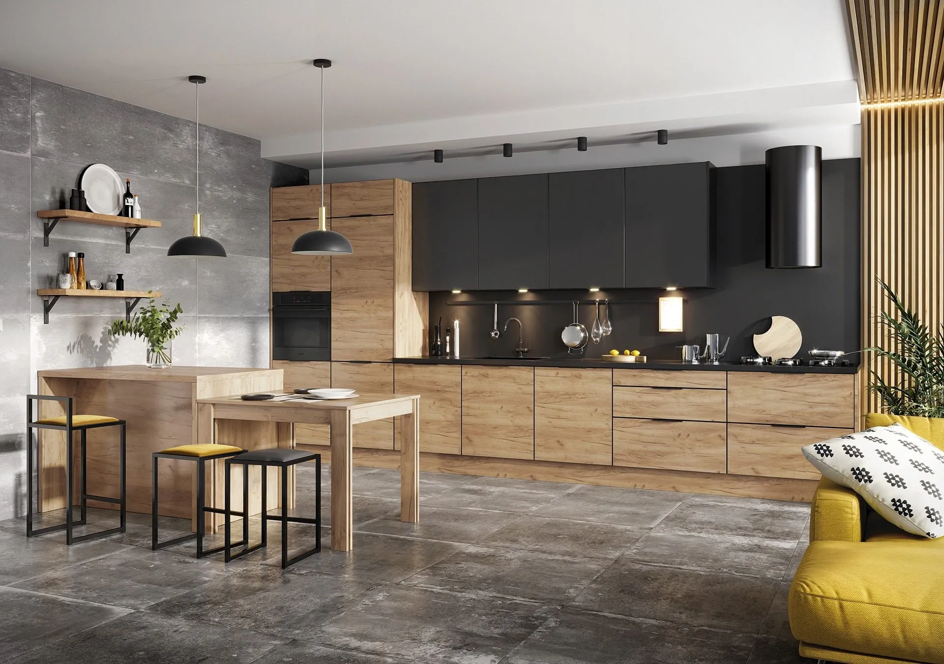 Nowoczesne kuchnie Kam front K2 z drewnopodobnymi frontami kuchennymi, czarnym obrzeżem i uchwytem krawędziowym