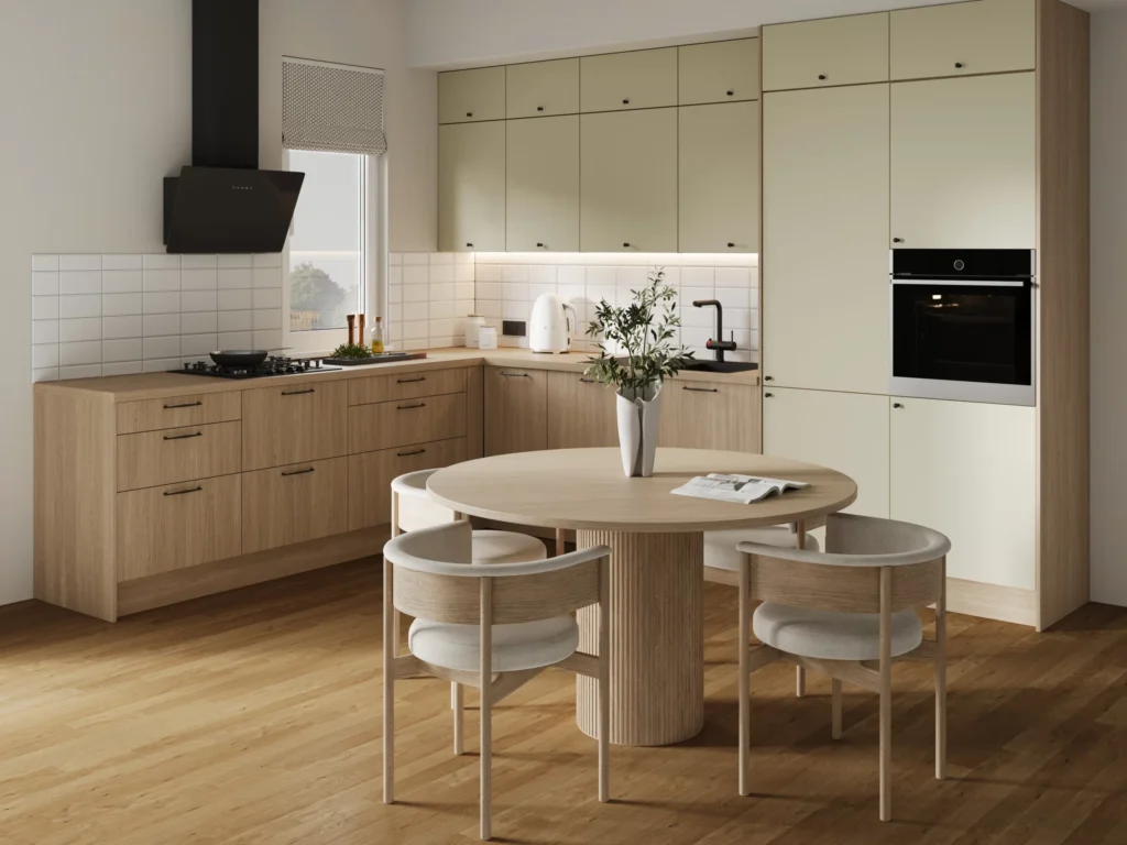 Jasna kuchnia z drewnem -- meble kuchenne skandynawskie.