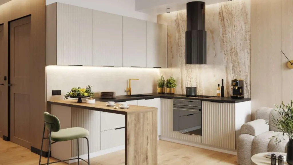 Jasna kuchnia z wyspą w stylu nowoczesnym, z frontami w odcieniu beżu, czarnym blatem i drewnianym stołem połączonym z wyspą.