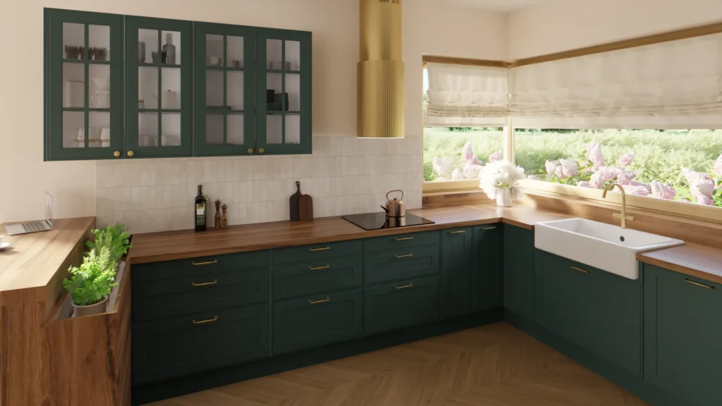 Aranżacje kuchni nowoczesnych – kuchnia z ciemnozielonymi frontami, drewnianym blatem, złotymi uchwytami i dużym narożnym oknem