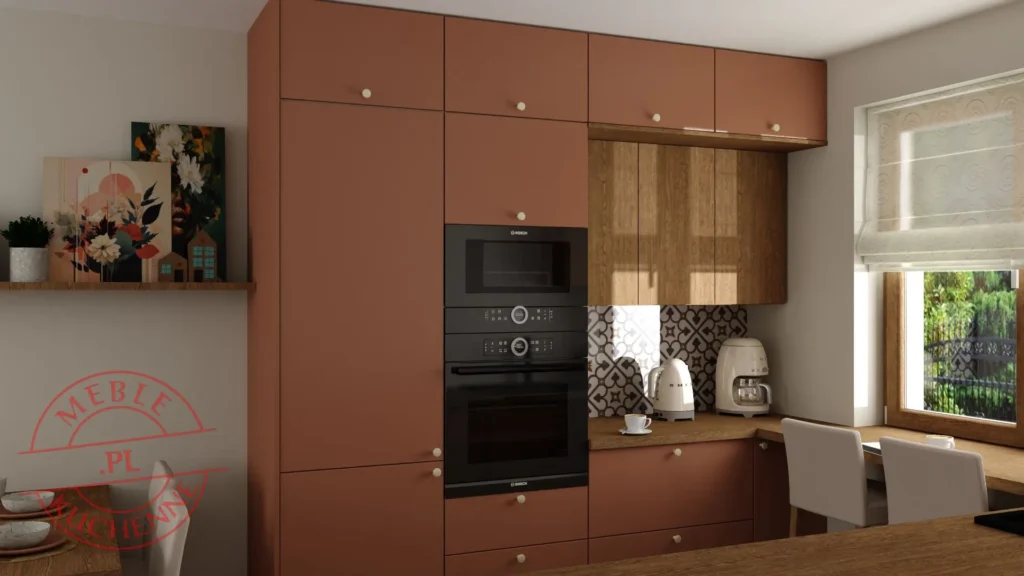 Aranżacje kuchni nowoczesnych, meble kuchenne do sufitu – zabudowa w kolorze terakoty z drewnianymi frontami, wzorzystymi płytkami i kącikiem jadalnianym przy oknie