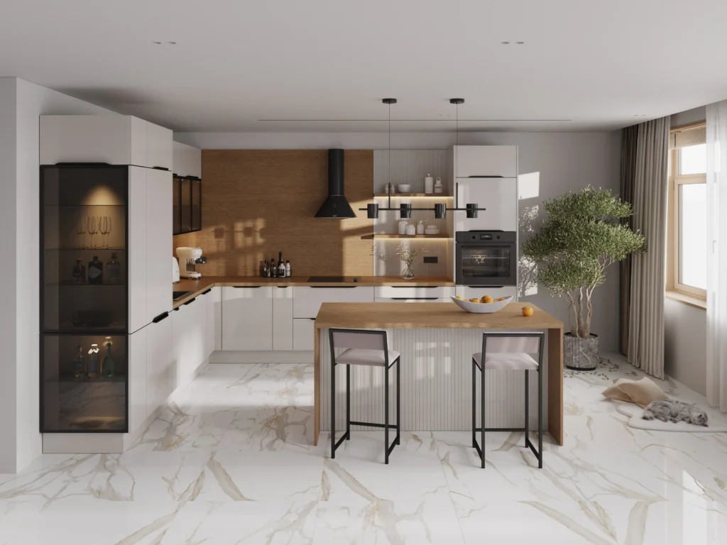 Meble Kam – Kammono KC4 – kaszmirowe szafki kuchenne, wyspa kuchenna, czarne uchwyty