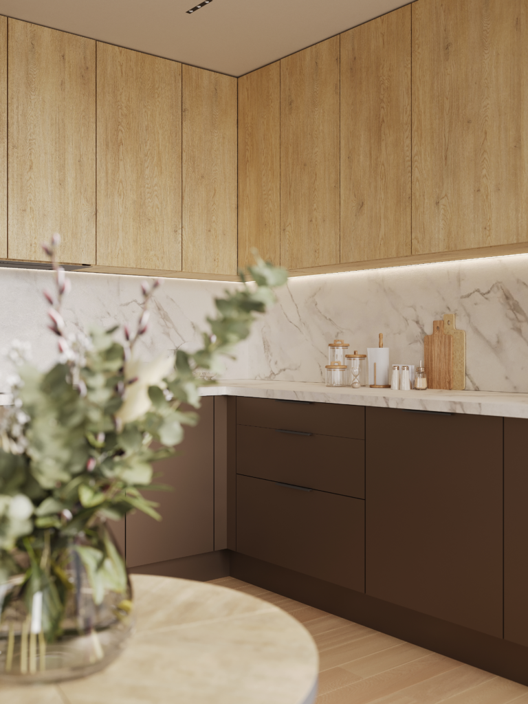 Szafki kuchenne z pojemnymi szufladami w narożniku – zabudowa w kształcie L z oświetleniem LED