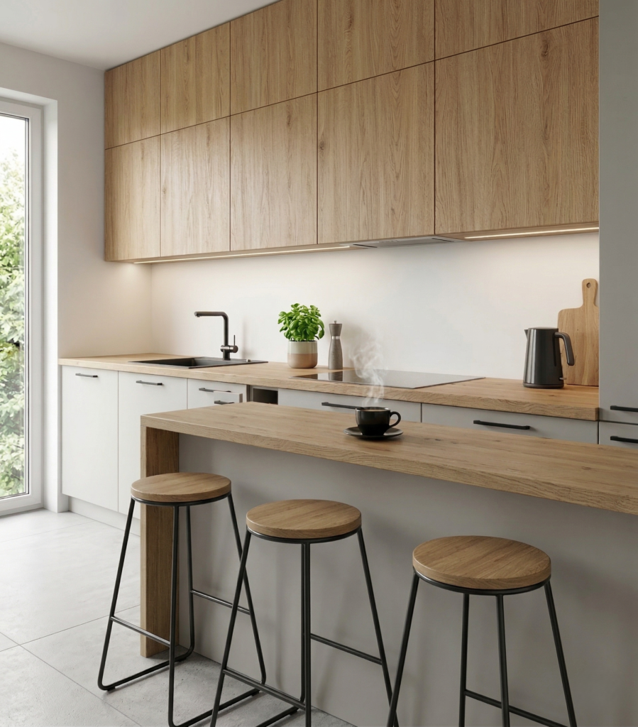 Projekt kuchni Komfort – prosta zabudowa kuchni z barkiem, drewnianymi frontami górnymi i jasnym dołem