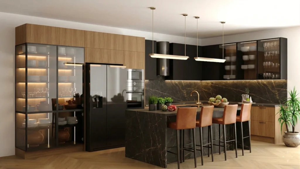 Projekt kuchni Premium – ciemna kuchnia z wyspą, drewnem, witrynami i wysoką zabudową