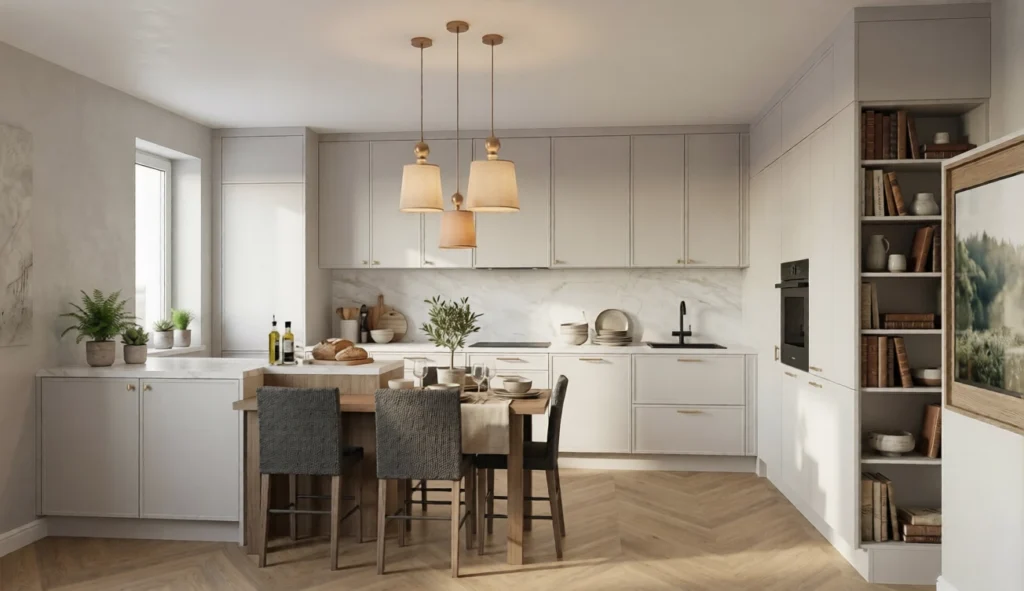 Projekt kuchni Premium – jasna kuchnia z zabudową do sufitu, stołem i eleganckim wykończeniem
