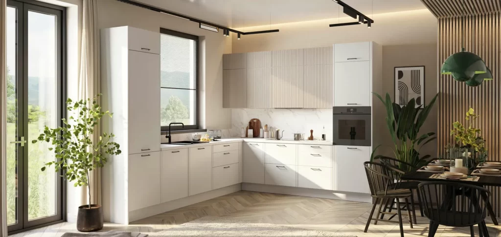 System mebli KAM KamMono – zabudowa kuchenna z frontami F10 o klasycznym frezowaniu