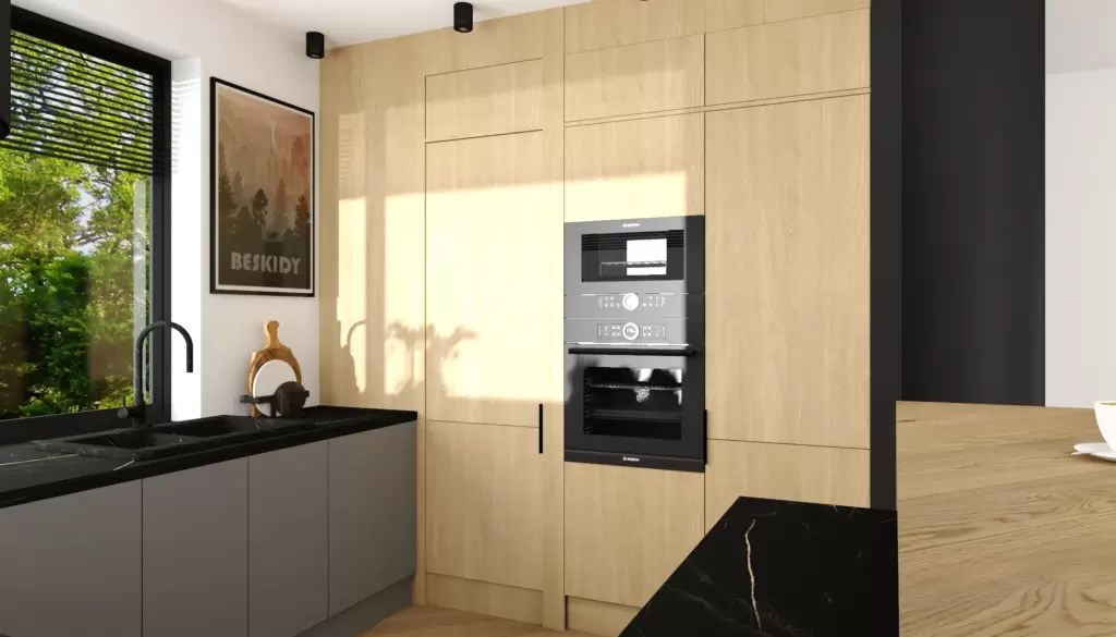 Aranżacje kuchnia szara z drewnem 2