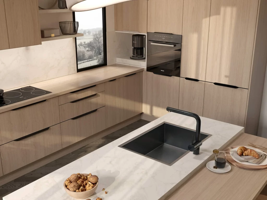 Nowoczesna kuchnia KamMono z frontami KC2 od Meble KAM w dekorze drewna i czarnymi uchwytami krawędziowymi