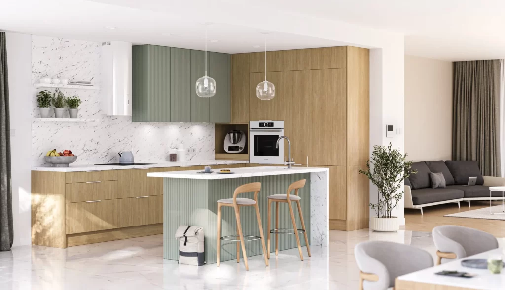 Kuchnia KamMono od Meble KAM z ryflowanymi frontami F11 w nowoczesnej aranżacji