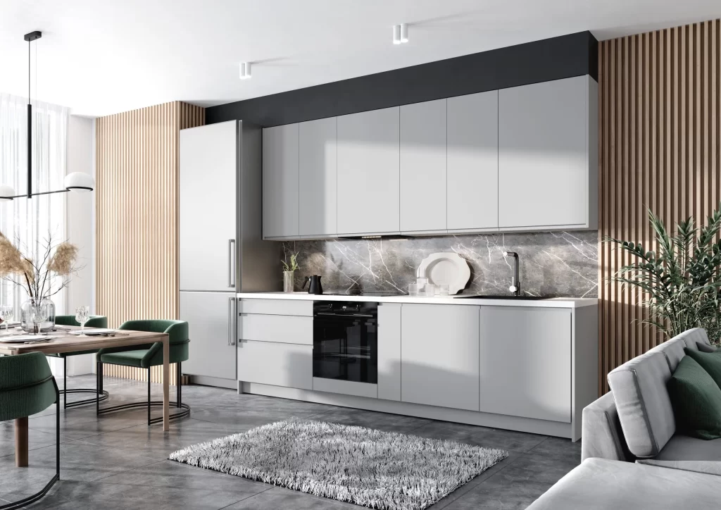 Kuchnia KamMono z frontami L4 lakierowanymi UV o gładkim, nowoczesnym wykończeniu