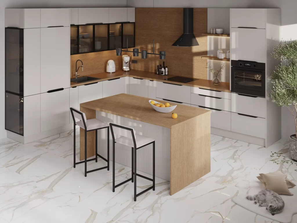 Kuchnia KamMono z frontami KC4 od Meble KAM – nowoczesne fronty z uchwytem krawędziowym o subtelnym, zaokrąglonym profilu