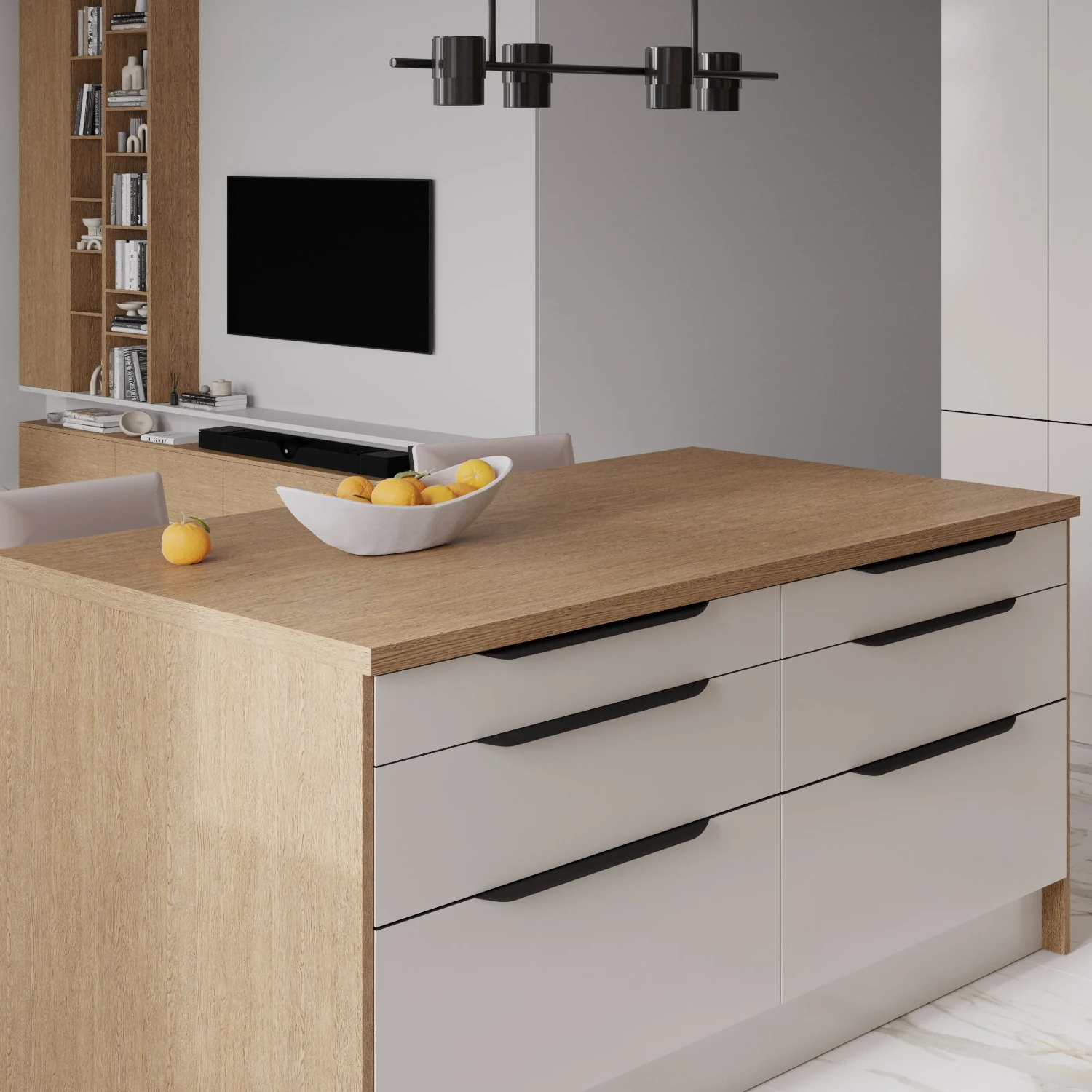 Meble kuchenne nowoczesne z dużą wyspą z szufladami.