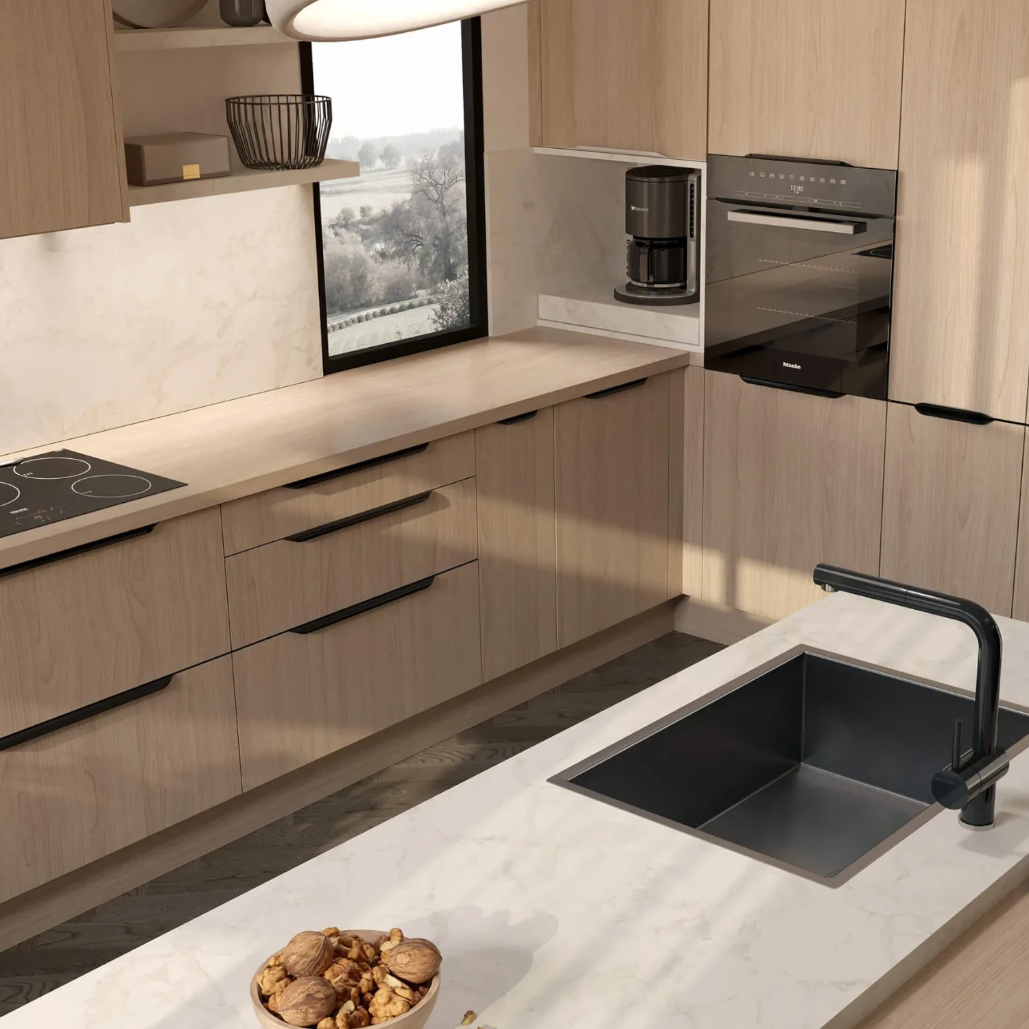 Meble kuchenne nowoczesne wysoka zabudowa z wyspą.