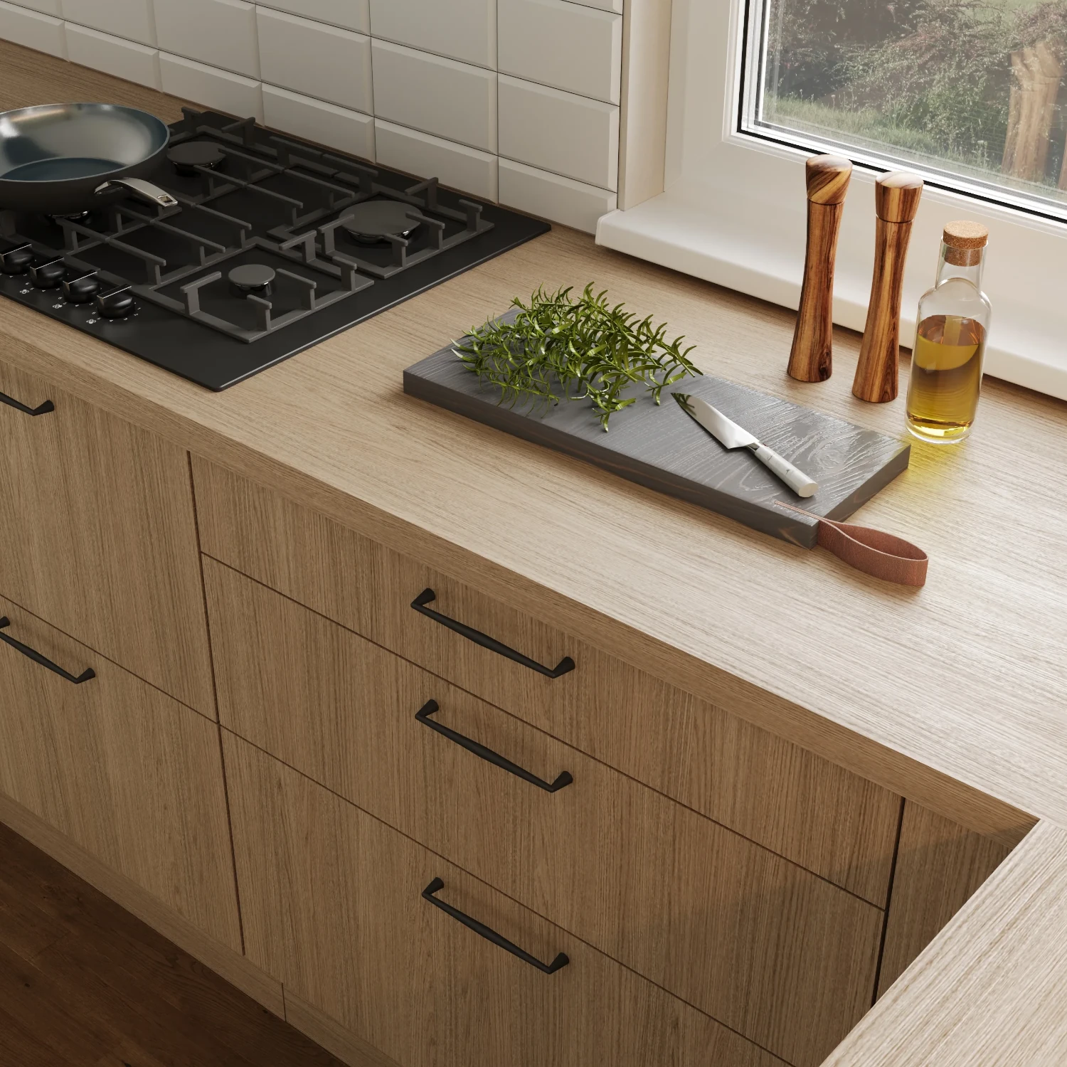 Meble kuchenne w tradycyjnym stylu drewnopodobne.