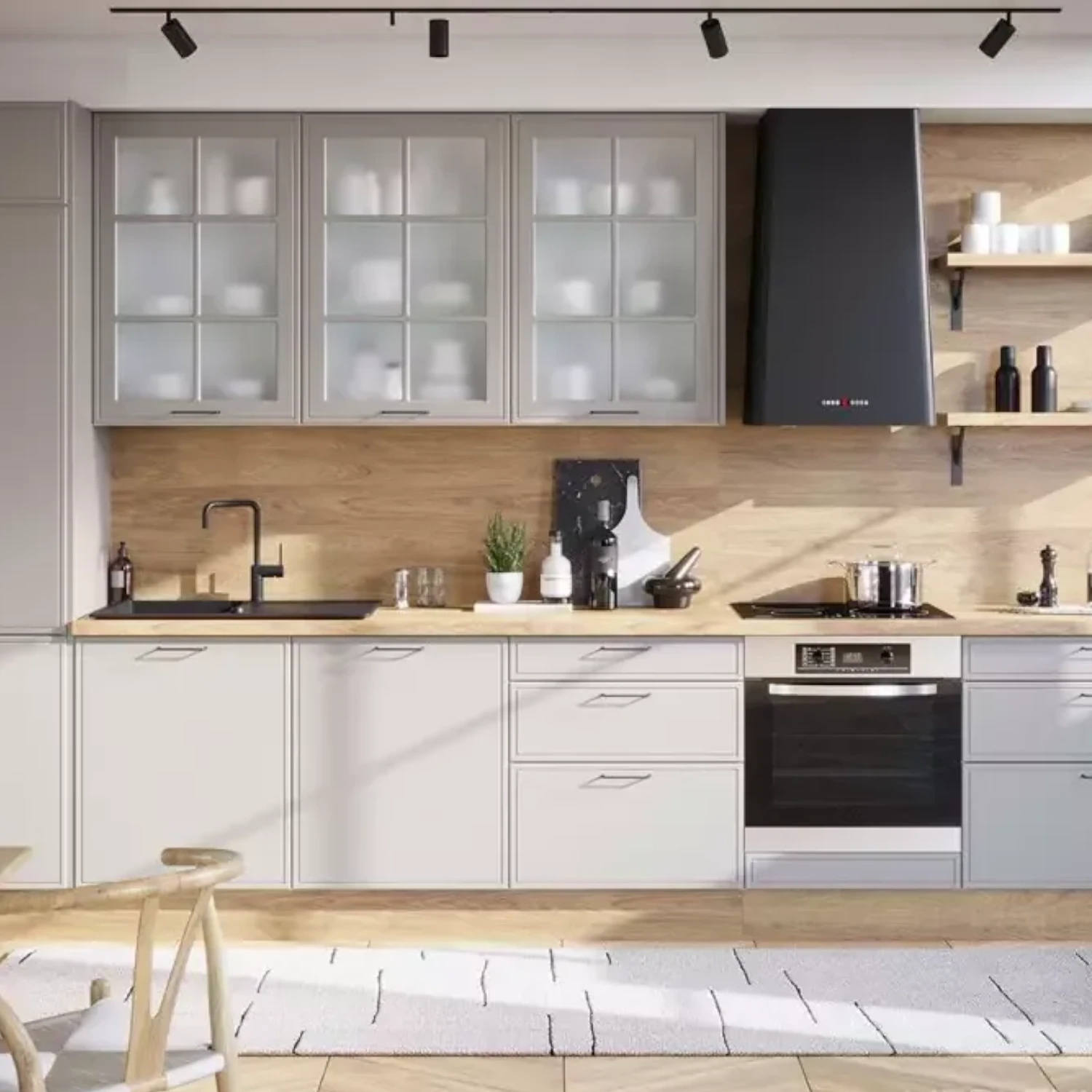 Meble kuchenne w stylu skandynawskim z frontem frezowanym.