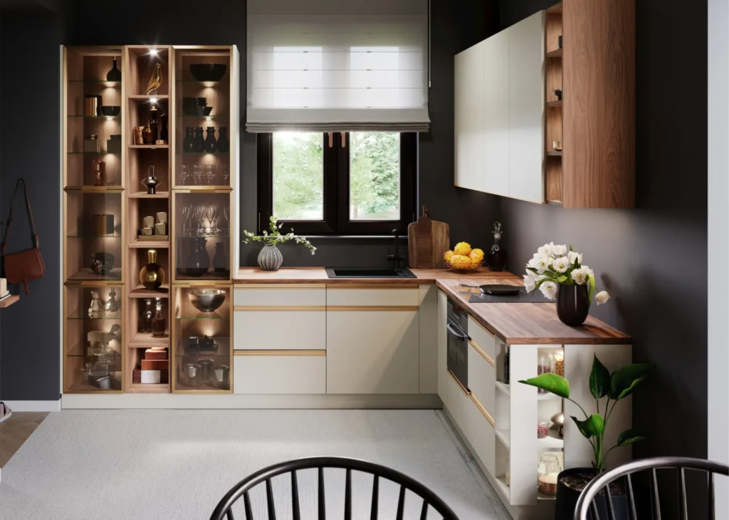 Meble kuchenne narożne Blanka ze złotymi witrynami.