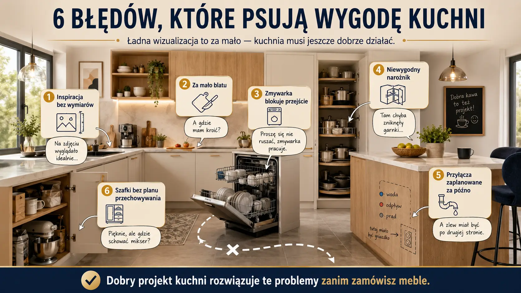 Najczęstsze błędy przy projektowaniu kuchni – za mało blatu, źle ustawiona zmywarka i przyłącza