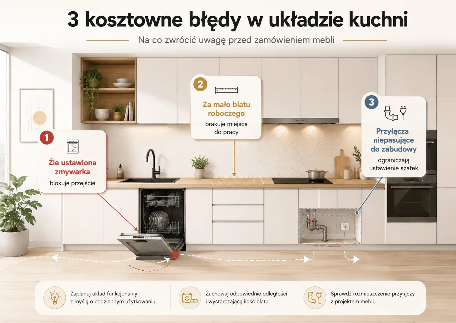 Schemat kuchni pokazujący błędy w układzie mebli kuchennych, zmywarki, blatu i przyłączy