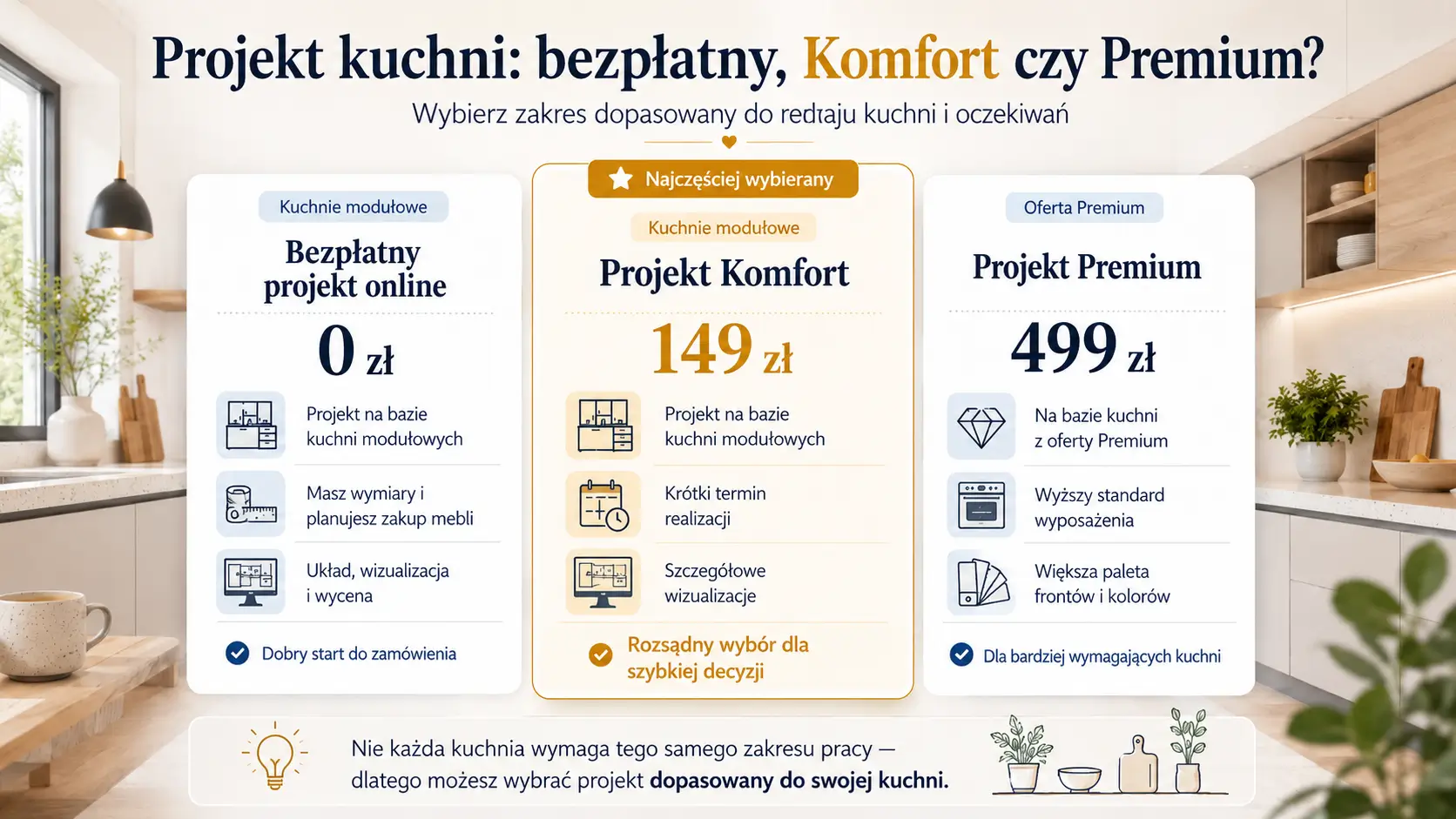 Projekt kuchni bezpłatny, Komfort i Premium – porównanie zakresu, cen i rodzaju kuchni