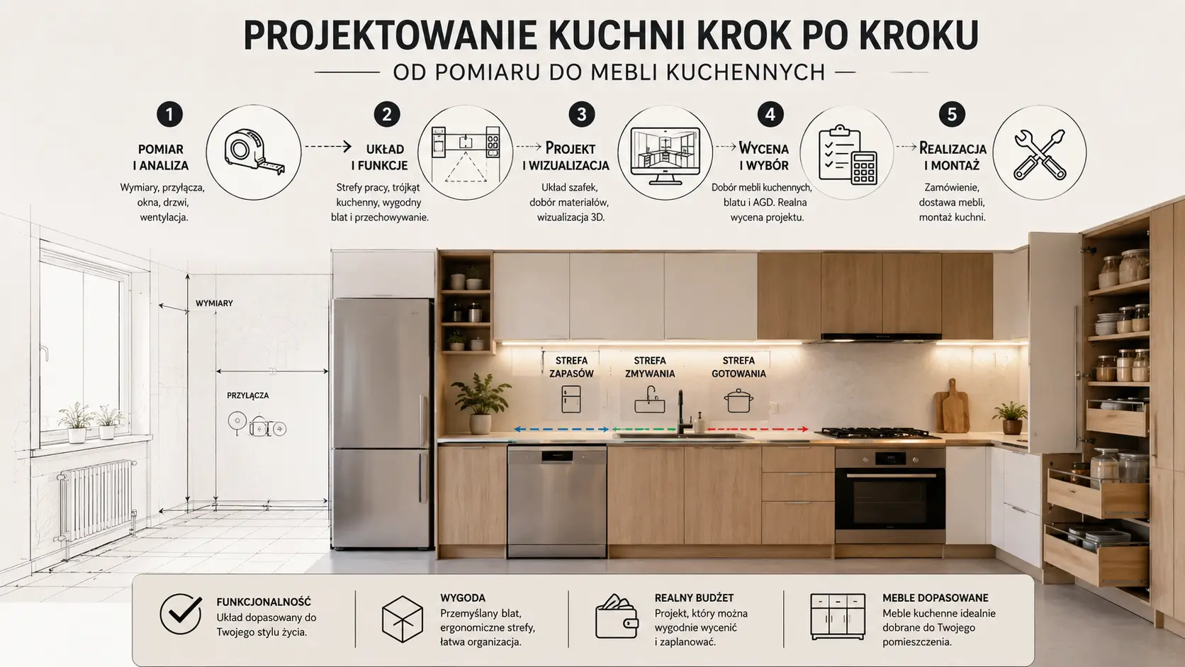 Projektowanie kuchni krok po kroku od pomiaru i analizy pomieszczenia do wyboru mebli kuchennych
